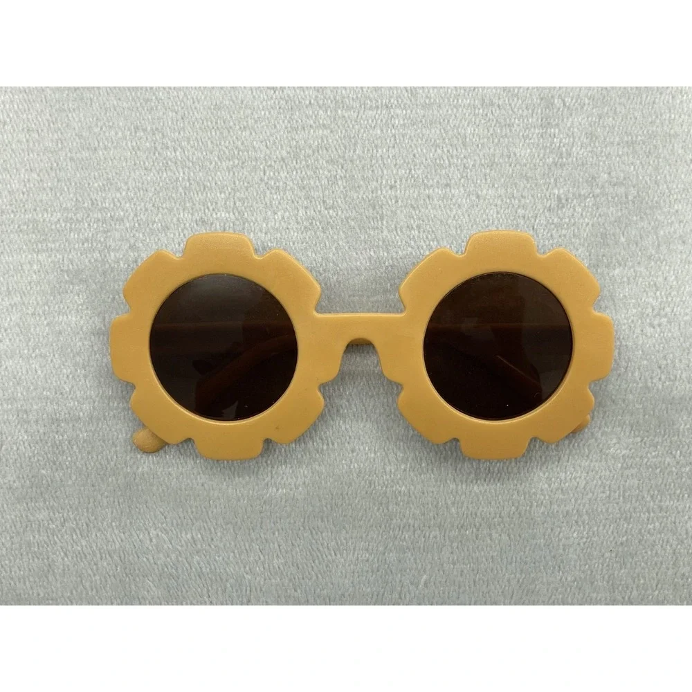 Retro Flower Round Sunglasses Kids Yellow Sunflower Frame Dark Lens w/ Pouch